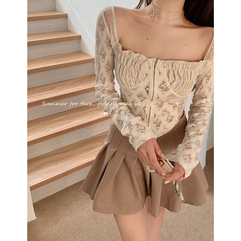 オータムレースショートトップス レディースウェストプリーツAラインスカート ストリート 秋物 ピュア スクウェア ガールズファッション50384339510