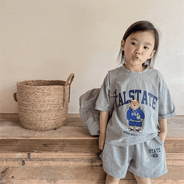 夏クマ英字柄Tシャツ&ボトムスセット