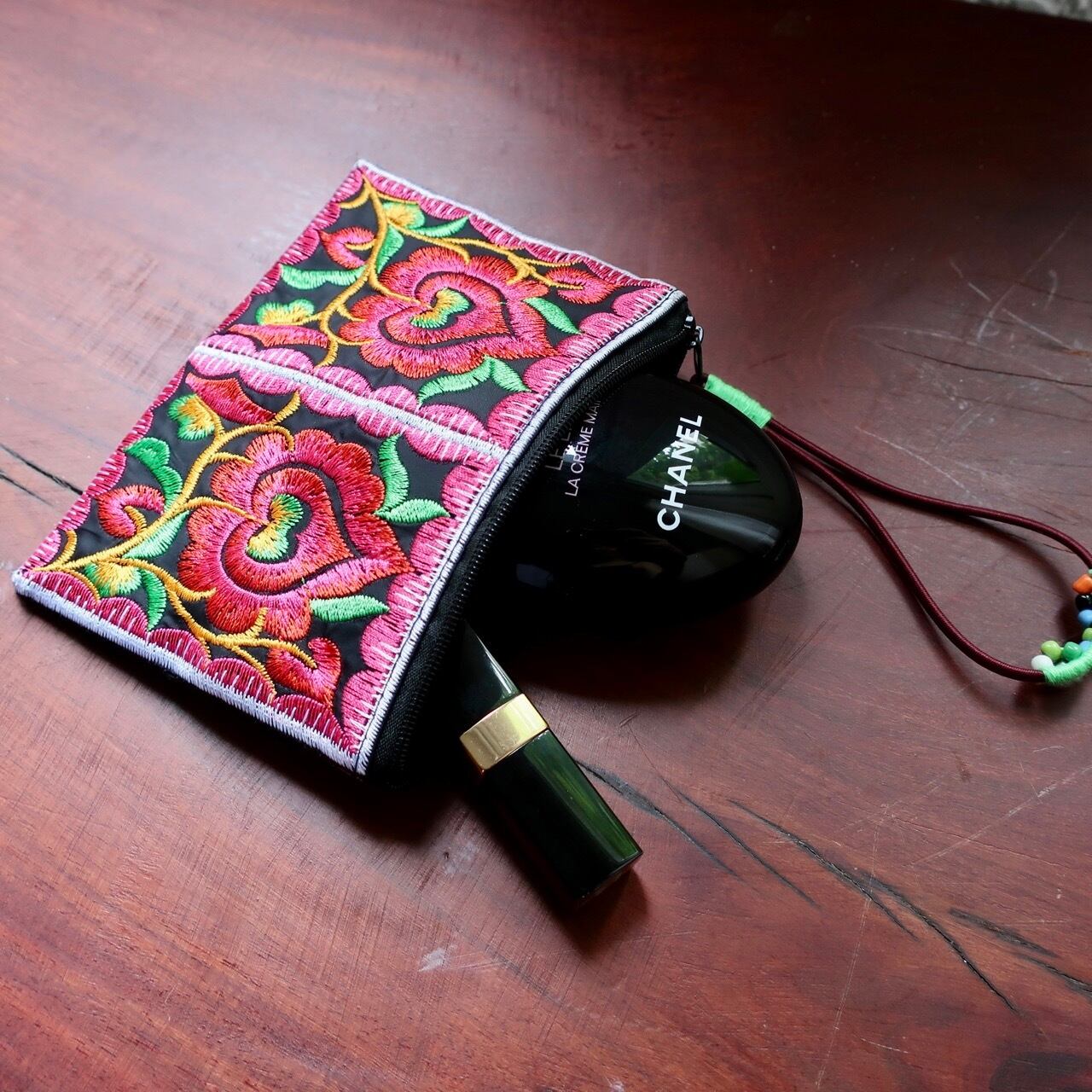 ベトナム雑貨】民族刺繍ポーチ：グリーンイエロー ＆取手