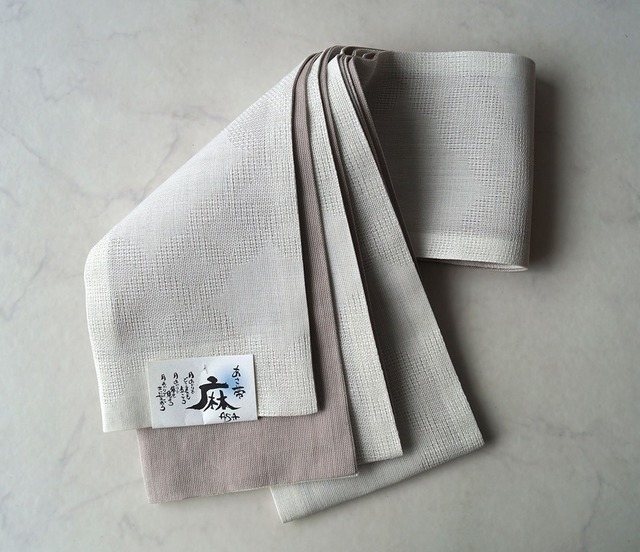 【半幅帯】生成り色×枯野色　透かし菱柄　リバーシブル麻半幅帯 240621③