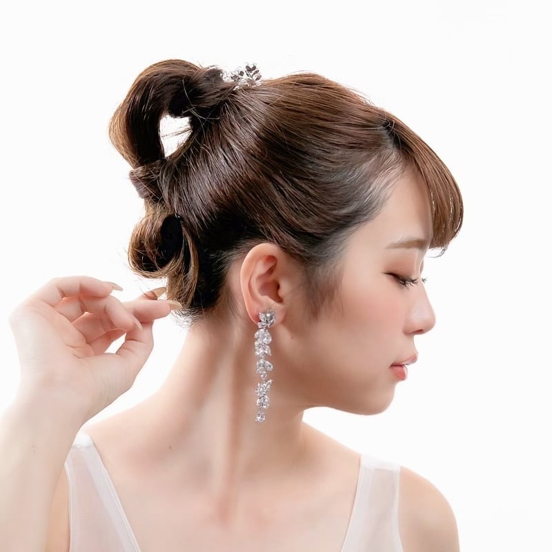E-006 ウェディング アクセサリー【キュービックジルコニア フラワー ロング タッセル ピアス(or イヤリング) 】ブライダル