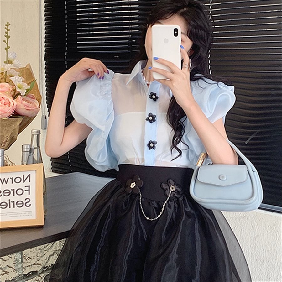 送料無料】 半袖ブラウス 透け感 フリル シースルー フェミニン 花柄