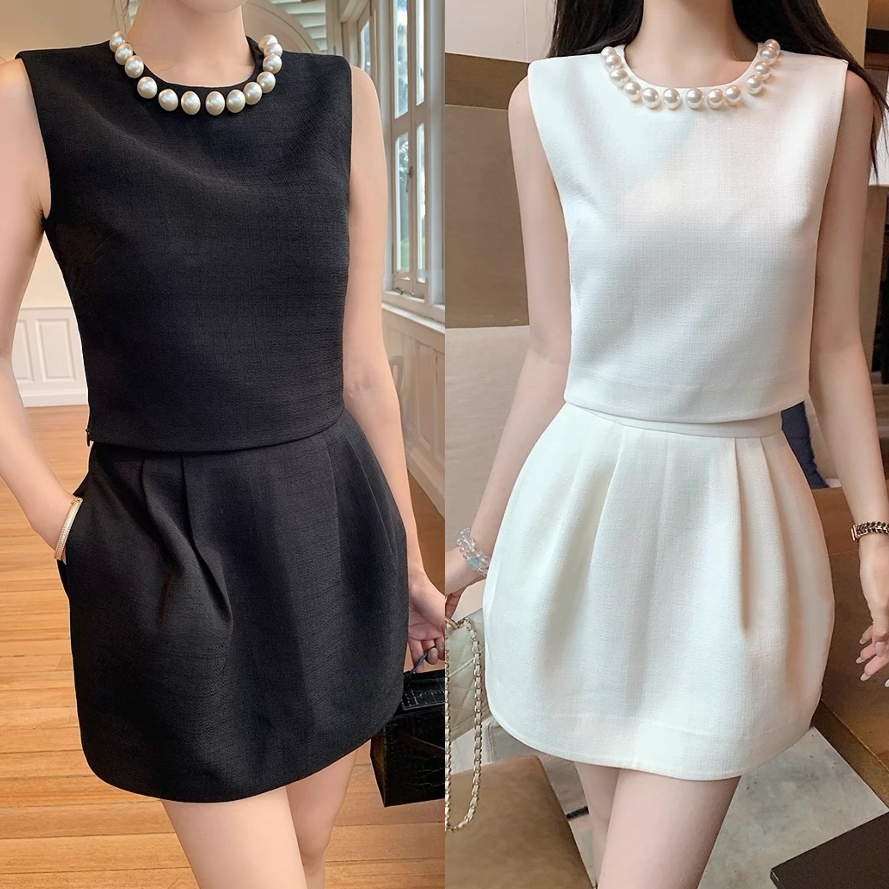 【set】パール付きノースリーブトップス×スカートセット N3168