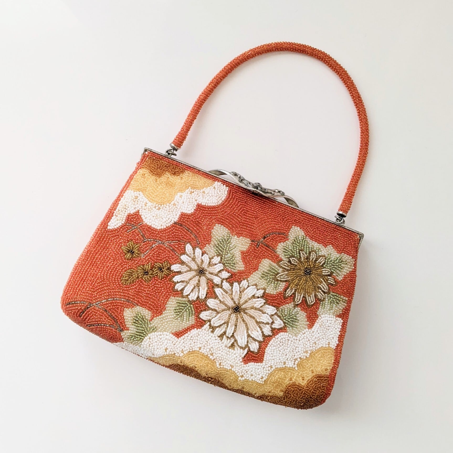 Vintage】ビーズ刺繍バッグ Beaded Bag 朱赤 菊 蔦 雲 パーティー 