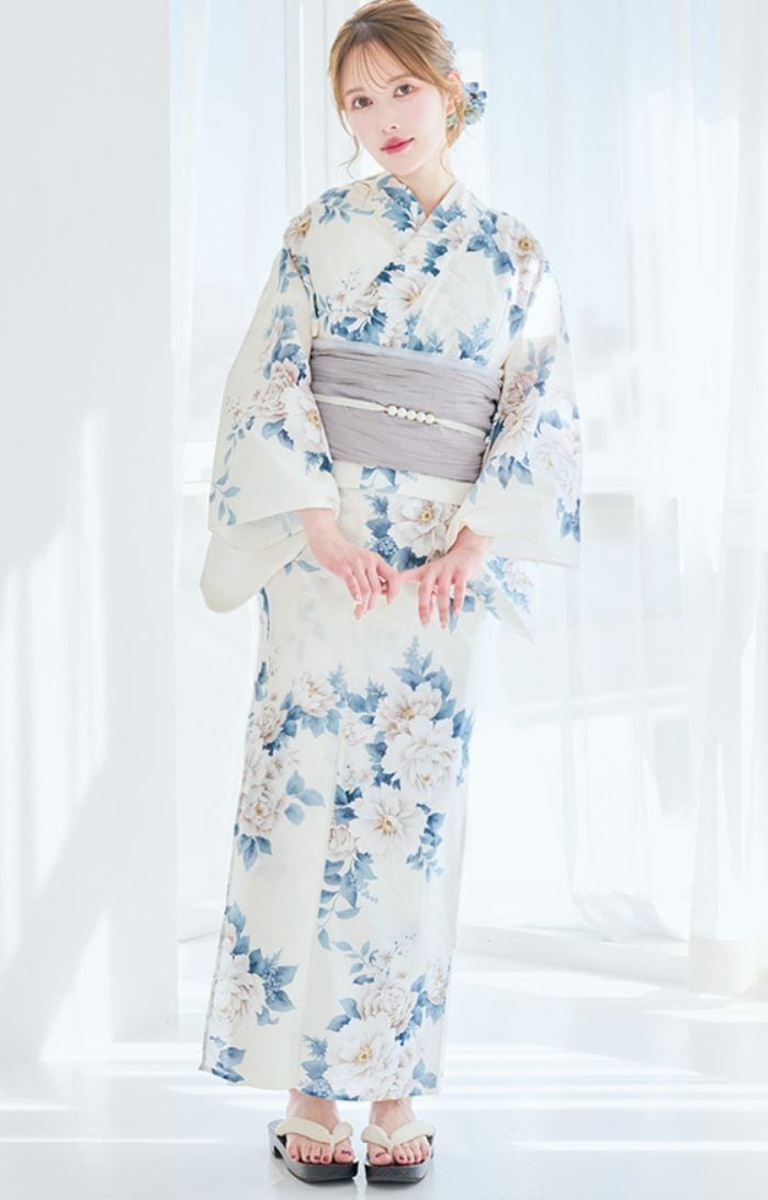 浴衣4点セット classical aqua blue flower【兵児帯ライトグレー】 Y5