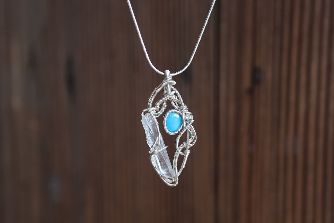 Turquoise & Crystal point silver925 wire wrapping pendant