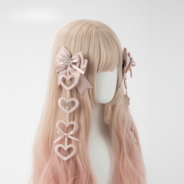 連なるハートの夢 ツインテールに飾る甘ロリレースリボンヘアクリップ