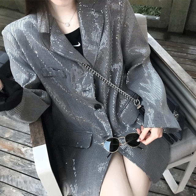 【Airi Styleシリーズ】アウタースーツ コート クール キラキラ スパンコール シルバー S M L