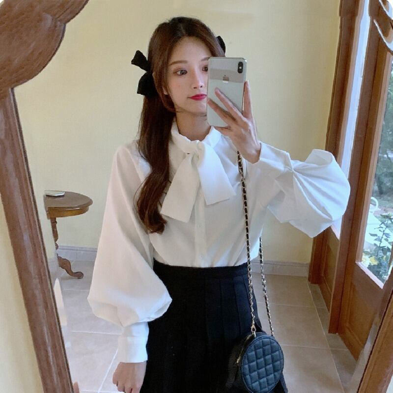 ホワイトシャツ スプリングシフォントップス ロング リボン 春物 YY-ファッション76070695345