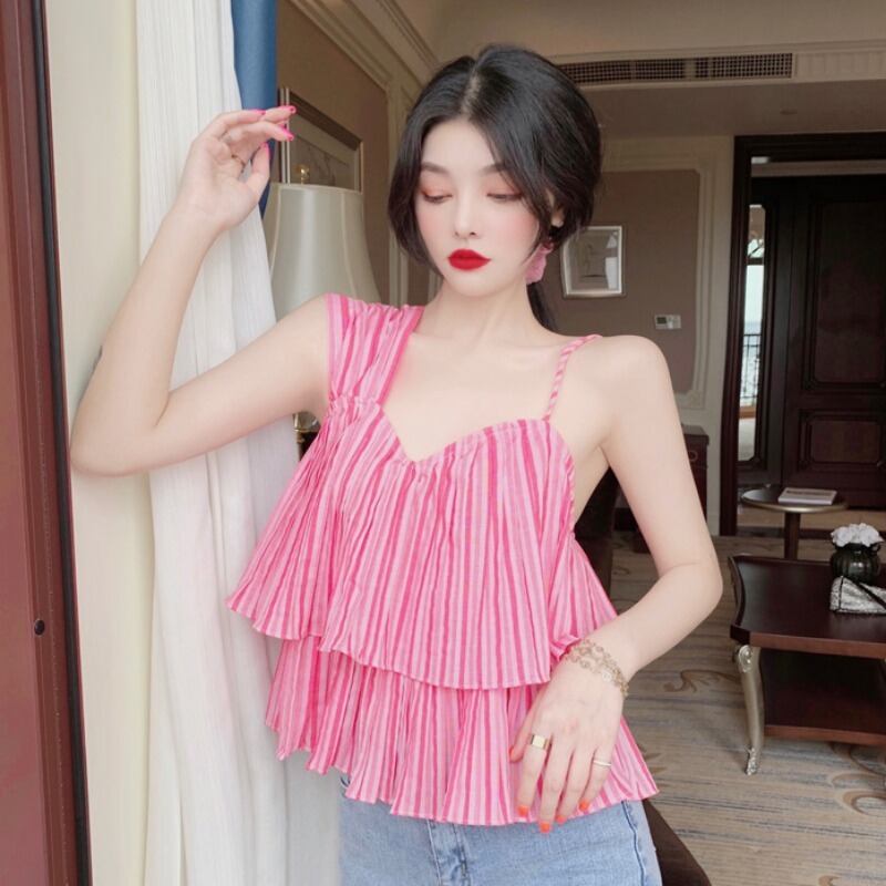 2020年夏の新しいレディースバージョンのワイルドでセクシーなストラップレスノースリーブスリミングフリルイレギュラースリングトップ 1号婦人67449258579