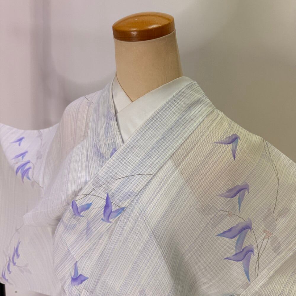 小紋 夏 絽 夏用 洗える着物 裄65.2cm 身丈156.5cm 花柄 お洒落着 普段着 ポリエステル 白 美品 M サイズ 6142