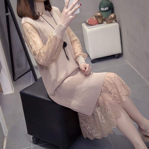 ワンピース ニットワンピース ニット ミモレ丈 ラウンドネック 長袖 バルーン袖 Iライン レース 体型カバー 着痩せ 大きいサイズ 大人 ゆったり デート お出かけ 春夏 レディース　BADB0139