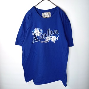 アロハ　クルーネック　プリントTシャツ　ビッグプリント　半袖　ブルー　XL