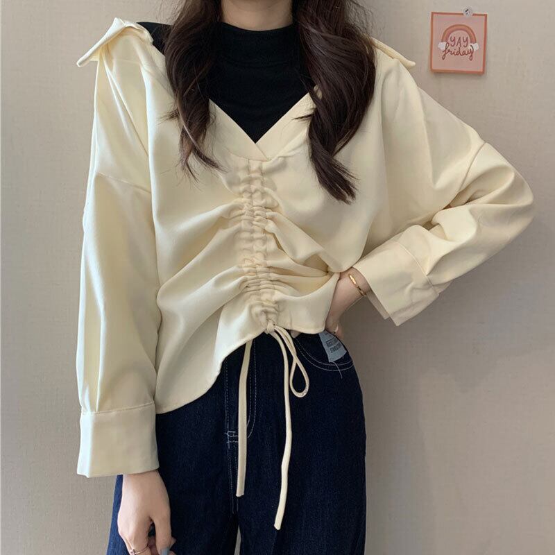 ギャザーセーター レディーススプリングVネックオータムトップス 春物 秋物 ステッチ 萌量不足55185871108