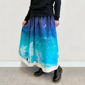 冬の星空・猫 ギャザースカート（やや厚手綿100％）