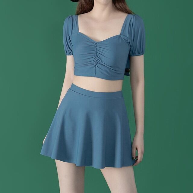 新作 21 夏 レディース 水着 レディース 水着 体型カバー スイムウェア レディース 水着 ママ セパレート水着レディース 水着 セパレート タンキニ レディース 水着 タンキニ 水着 半袖 パフスリーブ 背中あき バックシャン リボン りぼん セクシー 水着 くすみブルー