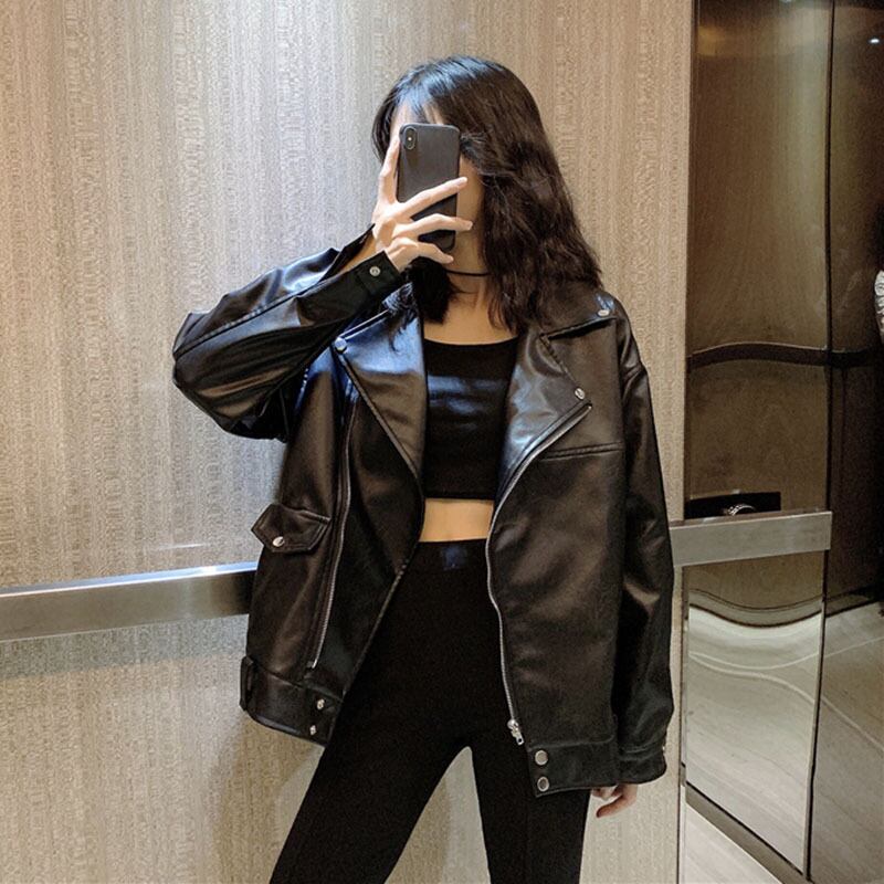 ブラックpuレザージャケット女性2020年夏新しいネットレッドバージョンルーズオールマッチオートバイジャケットジャケットトレンド YY-ファッション4398957036