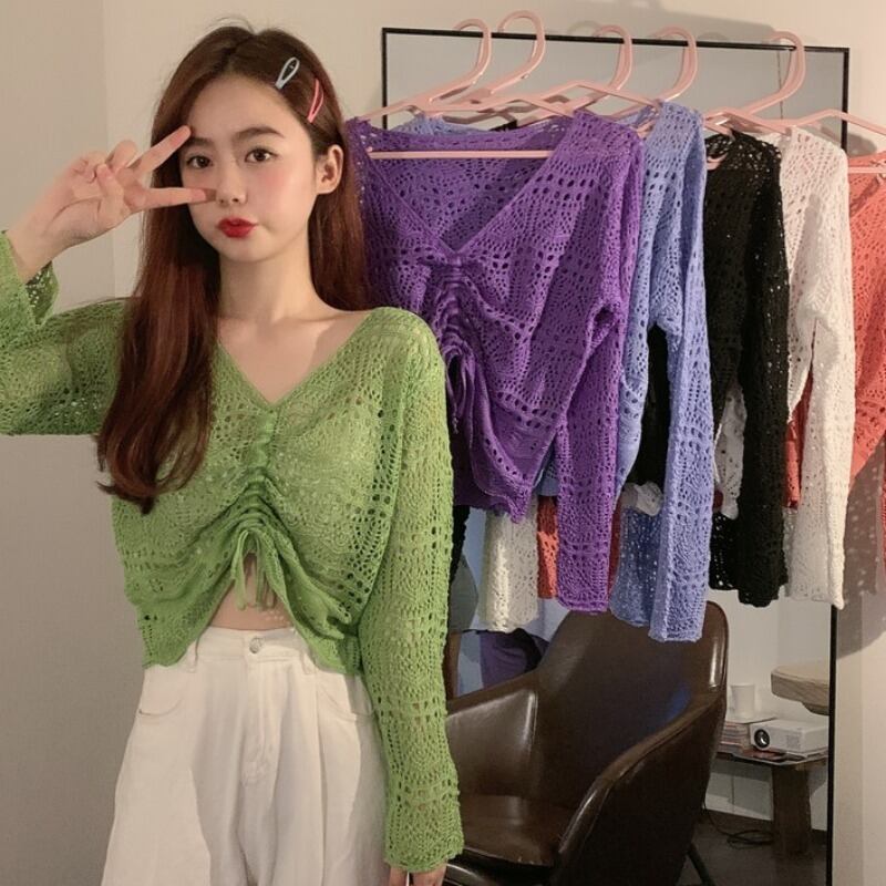 夏の新しいスタイルのVネックショートジャケット、中空の長袖アイスシルクニットセーター、ゆったりとした薄いセーターの女性 YY-ファッション37450123671