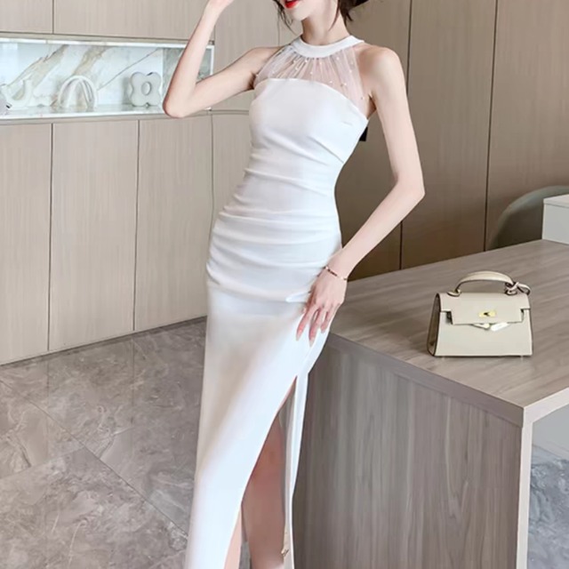 ハイネックノースリーブシースルーロングドレス【2color】◇MD0078