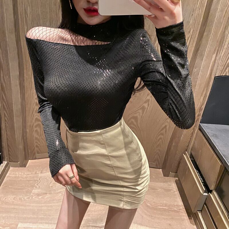 レースTシャツ シャツ オータムウィンターカラーブラック ロング 秋物 冬物 ステッチ ガールズファッション15663028282