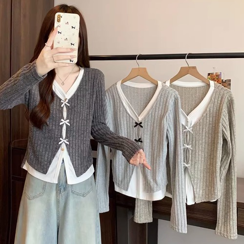 3色／フロントリボンVネックレイヤードトップス ・74740