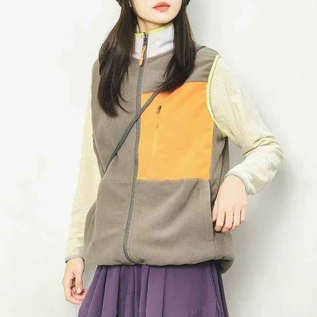 カラーブロックスタンドネックフリースベスト J0323