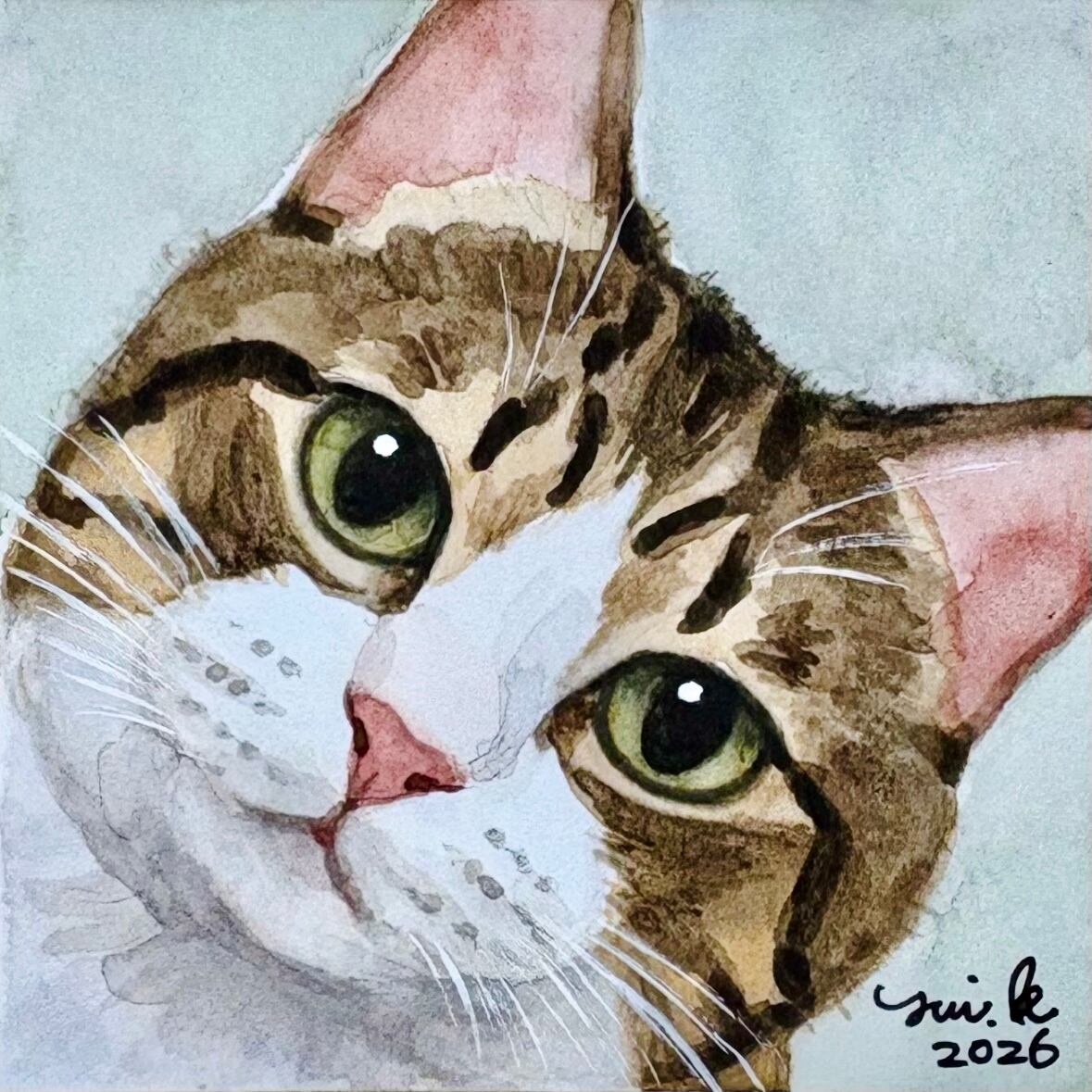 猫の絵 428 水彩画 原画 キジ白猫 | Forest cat