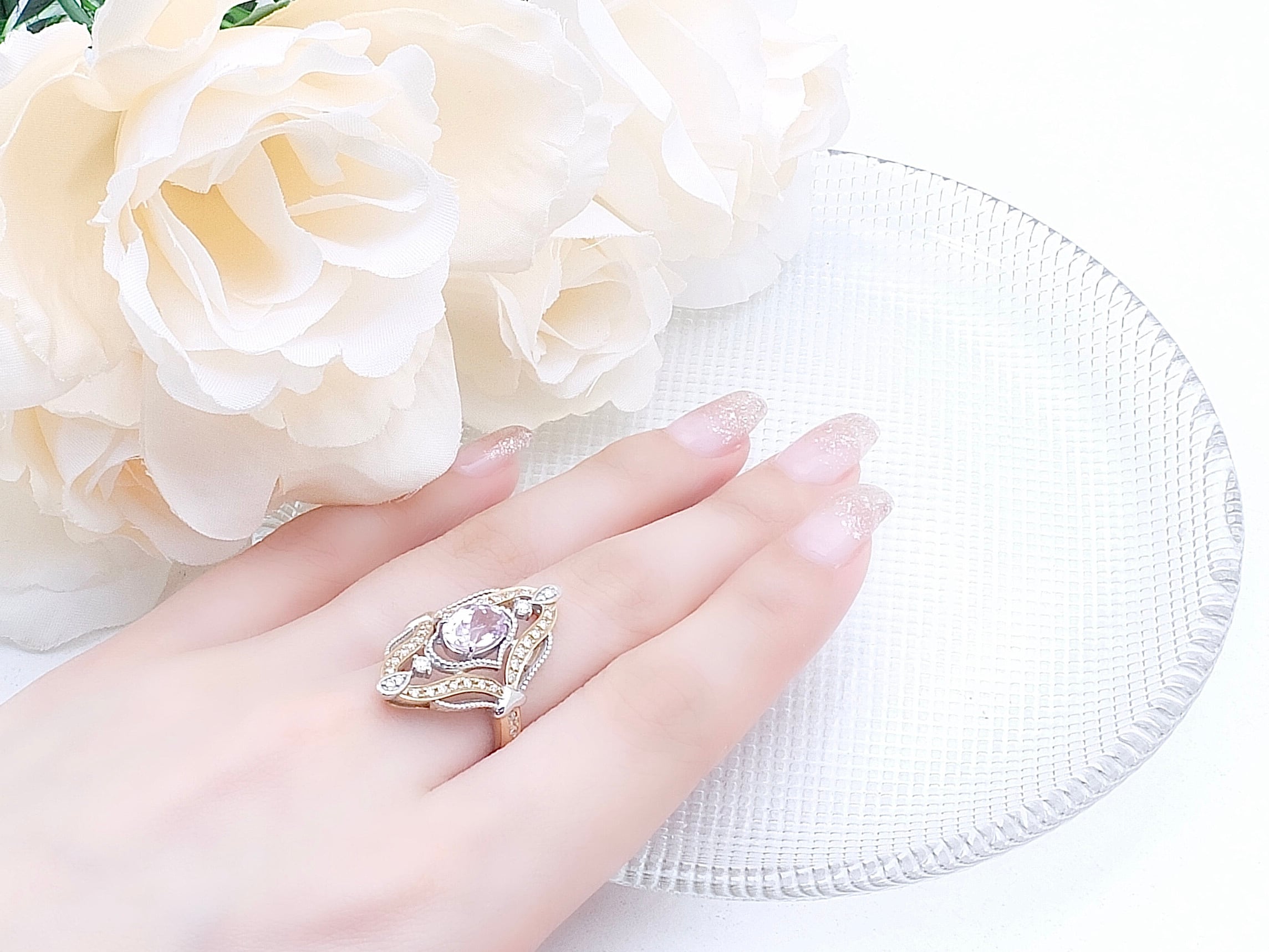 K18PG クンツァイトダイヤモンドリング　試着のみ K18PG/K18WG クンツァイトダイヤモンドリング 1.57ct 11号