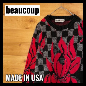 【beaucoup】USA製 柄ニット セーター 総柄 レディース アメリカ古着