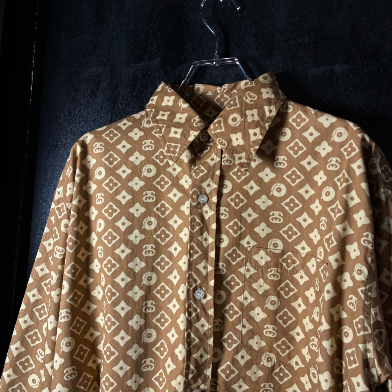 90s OLD STUSSY モノグラム　長袖シャツ　ブラウン　L オールドステューシー