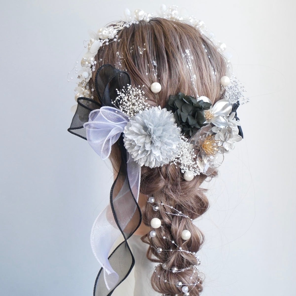 A122 カチューシャ ドライフラワー パール 髪飾り 黒 白 シルバー 卒業式 袴 成人式 振袖 結婚式 和装