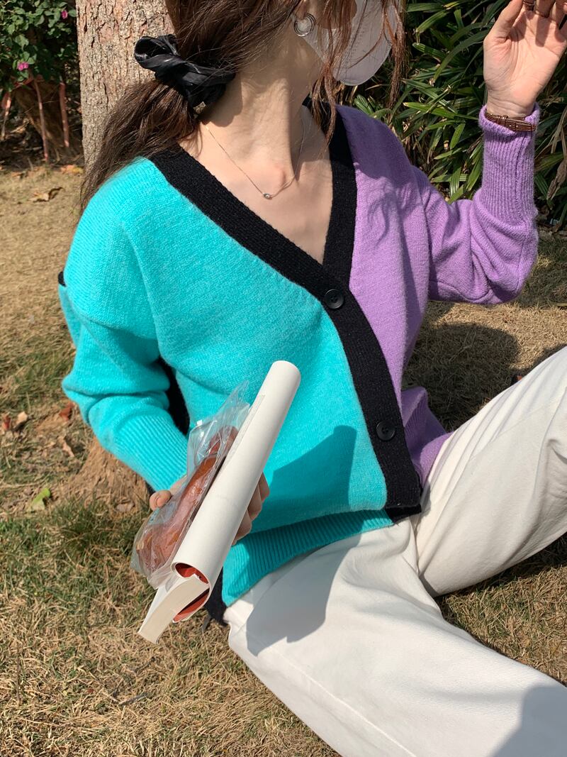 カラースタンダードVネックニットカーディガンスプリングコート ジャケット レディース レトロ 春物 ビッグFスモールZ韓国35960300214