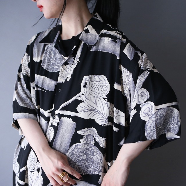 flower art motif full pattern loose silhouette h/s open-collar shirt