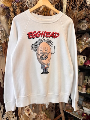 80〜90s EGGHEAD print Sweat/USA製/L/エッグヘッドプリントスウェット/アインシュタインパロディ－/ラグラン/BASSETT-WALKER/ホワイト/古着