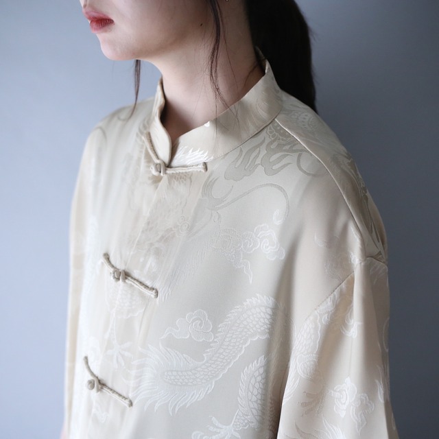 "龍" gloss art pattern over silhouette h/s china shirt