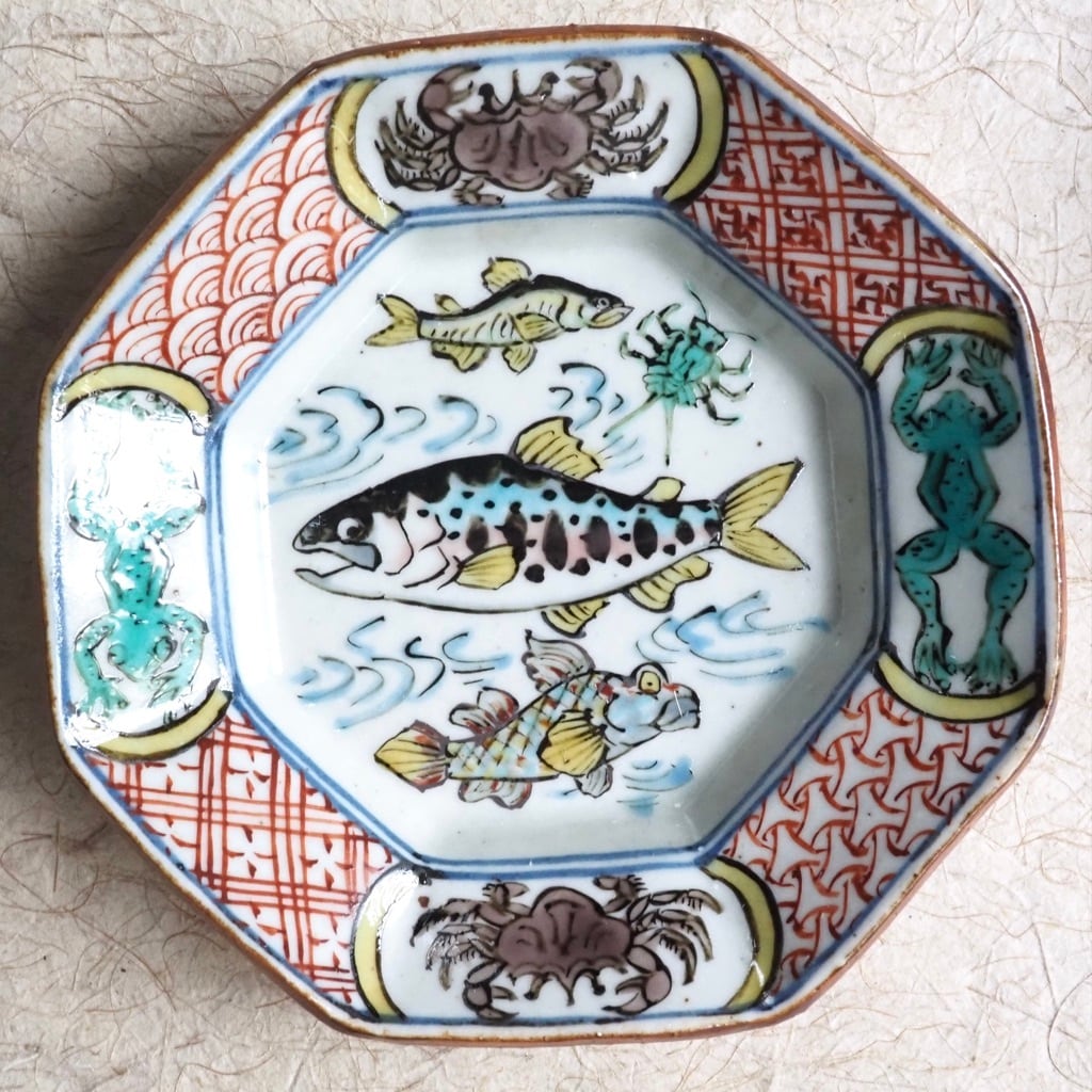 松浦コータロー/色絵 川魚文 八角リム小皿