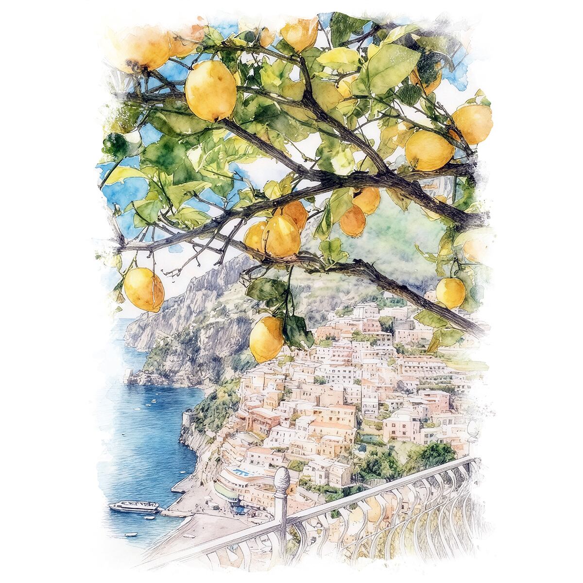 絵画 イタリア 風景画(街並み) アマルフィ海岸 ポジターノ インテリアアート額付き 水彩画・油絵調 WAT0383