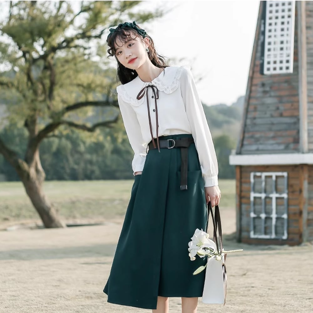 ベルト付き リッチグリーンスカート ミドル丈 | 韓国/ワンホン  