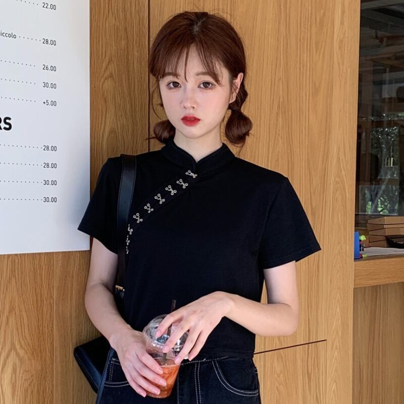 夏の新バージョンのクリックブラックチャイナドレスカラー改良ナショナルスタイルネットレッドショートワイルドTシャツトップス女性潮 YY-ファッション336303327
