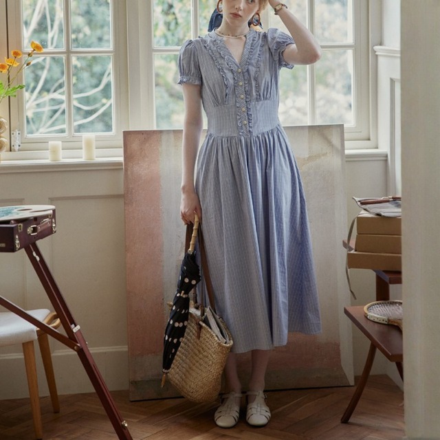 Rayé Frill Puff Sleeve Dress F0679