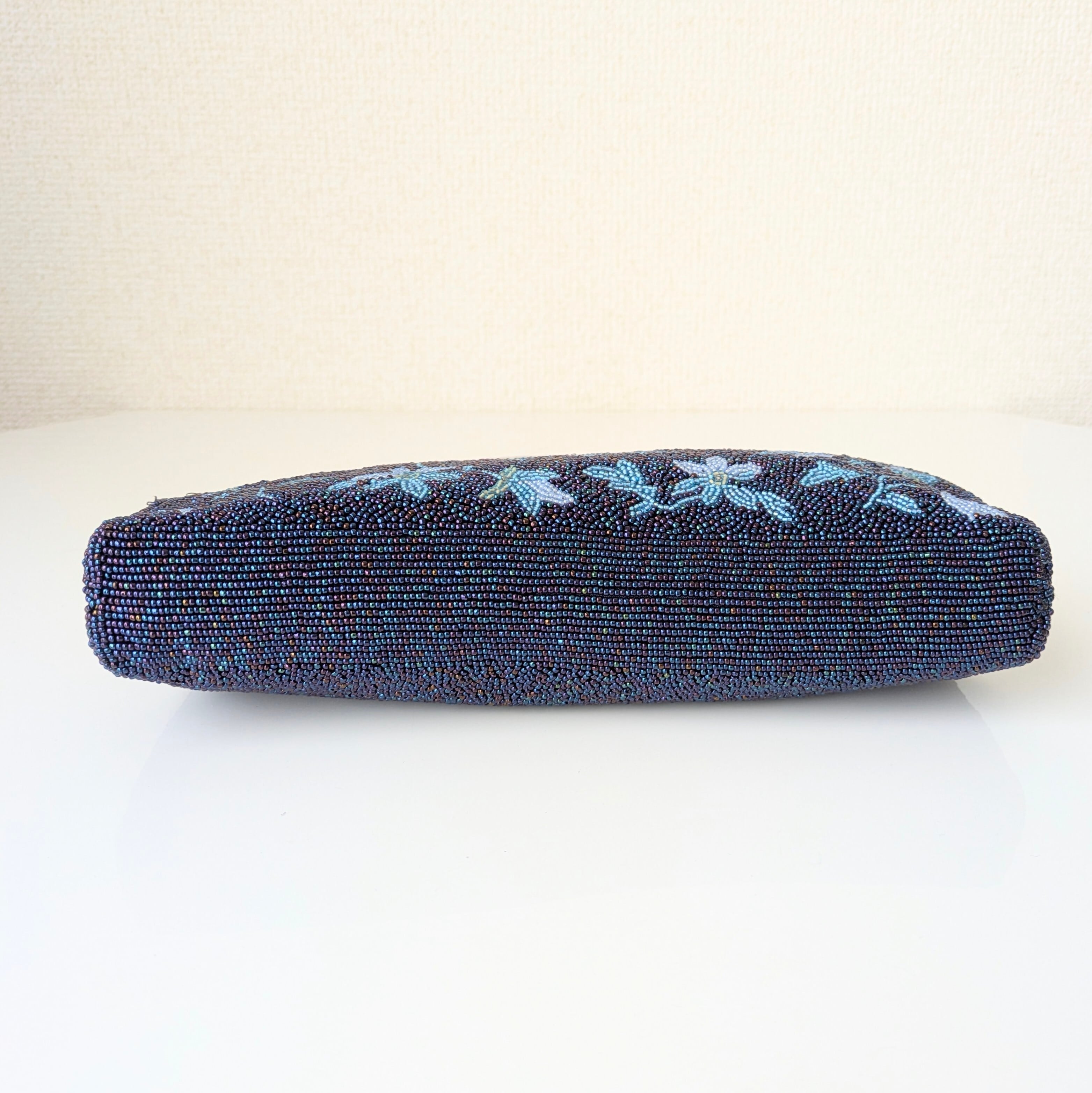 Vintage】ビーズ刺繍バッグ 青 花柄 パーティーバッグ クラッチバッグ