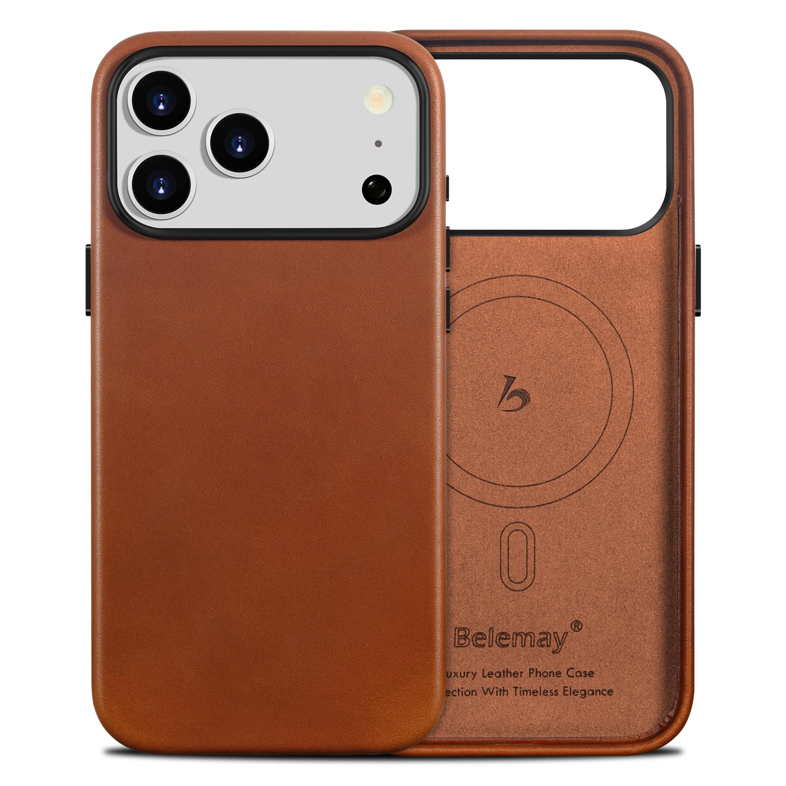 【Belemay】iPhone 18 Pro 対応 ケース MagSafe対応 カメラボタン付き 高級本革 フルグレインレザー スリム&グリップ設計 6.3インチ サドルブラウン
