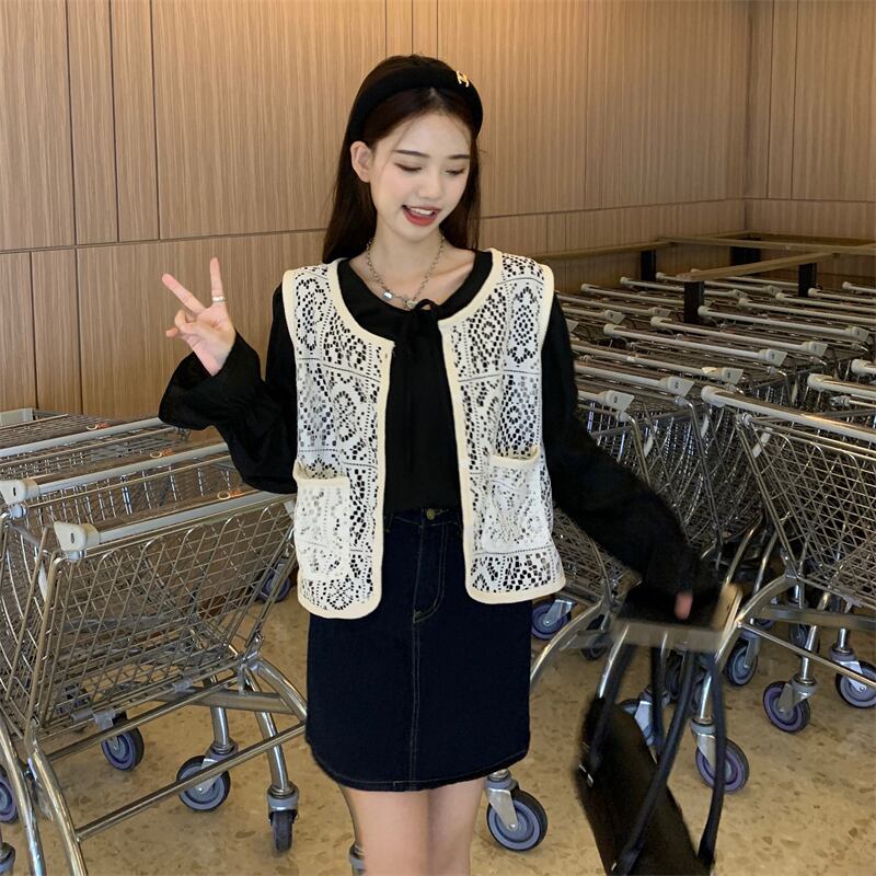 ニットベスト 夏 新スタイル 韓国 レース かぎ針編みベスト 女性 ラウンドネック 長袖シャツ スーツ カジュアル 可愛い デート服