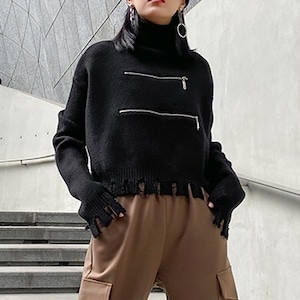 TURTLE NECK ZIP TRIM BLACK DESIGN KNIT TOP 1color M-5664