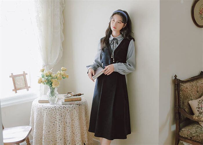 ワンピース レトロワンピース レディース 2色 S-L 長袖 レトロ 韓国