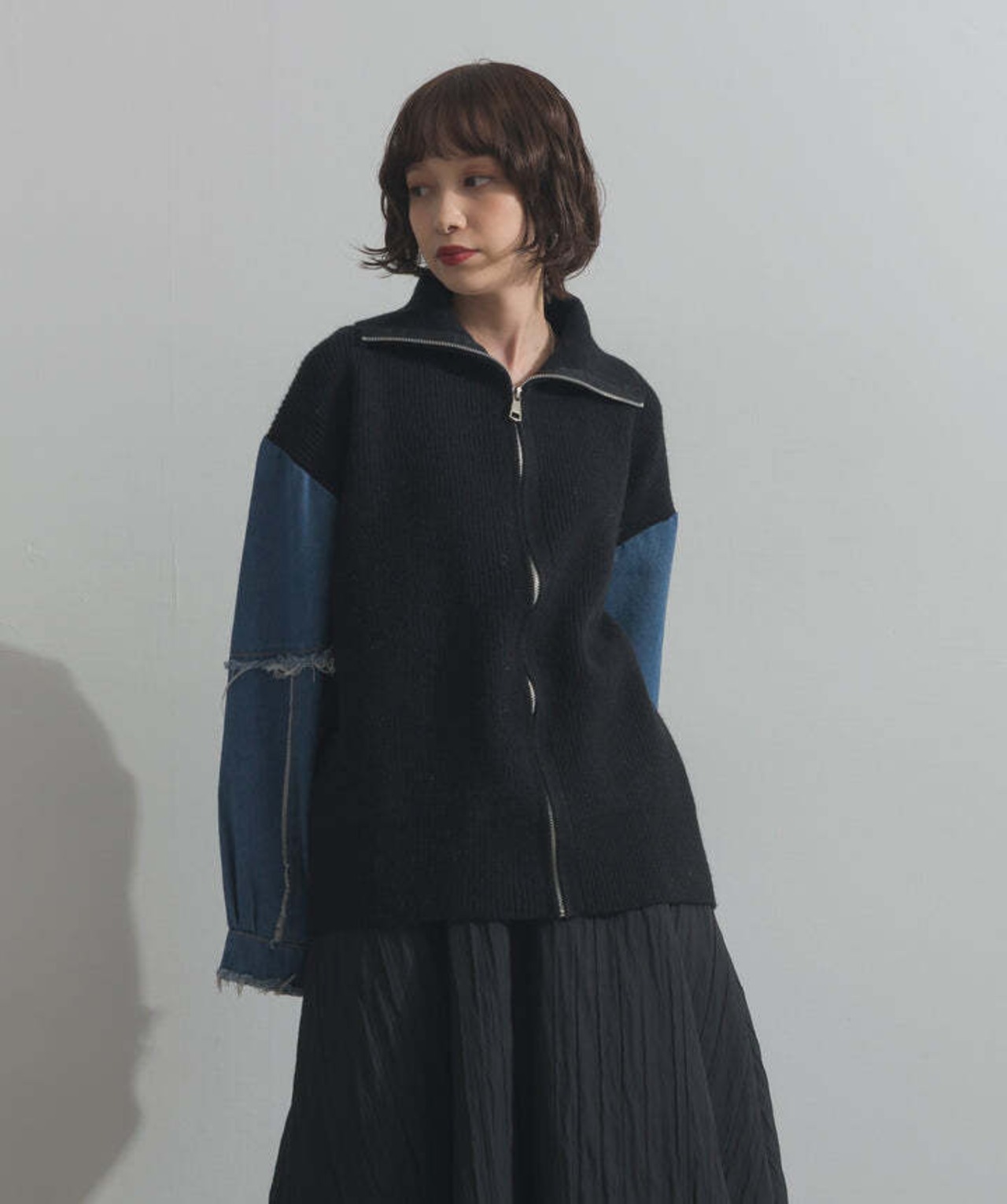 HD2510024 袖デニムジップニット  black
