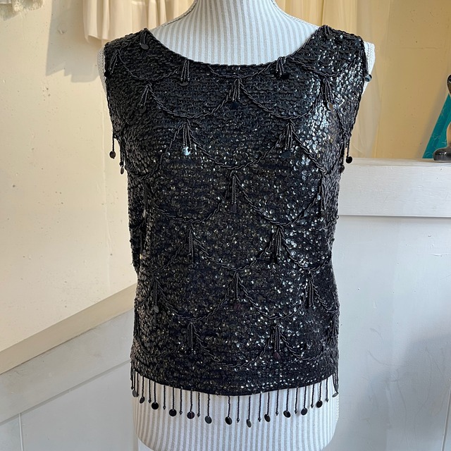 Vintage 60's black spangles beads knit tops