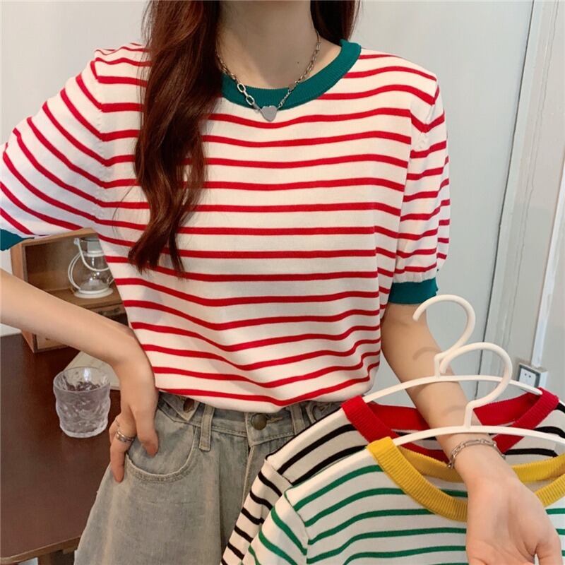 薄手ストライプニットセーター スタイルラウンドネックプルオーバー 半袖スリーブカラールーズブラウス レディース ショート ハーフスリーブ Oネック ハンチェンe6571794136
