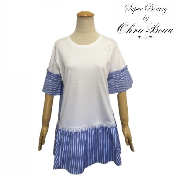 スーパービューティー チュニック Tシャツ ストライプ 切替 2512023 ブルー 2025年春夏 オーラボー Super Beauty 大人かわいい服 大人スタイル キレイメ レディース アパレル 女性 M L LL 30代 40代 50代 60代