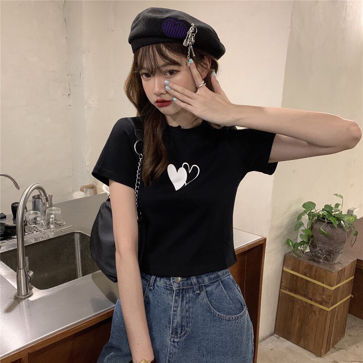 サマースリムフィットTシャツ プリントショートトップス 夏物 ケッペル25190463036